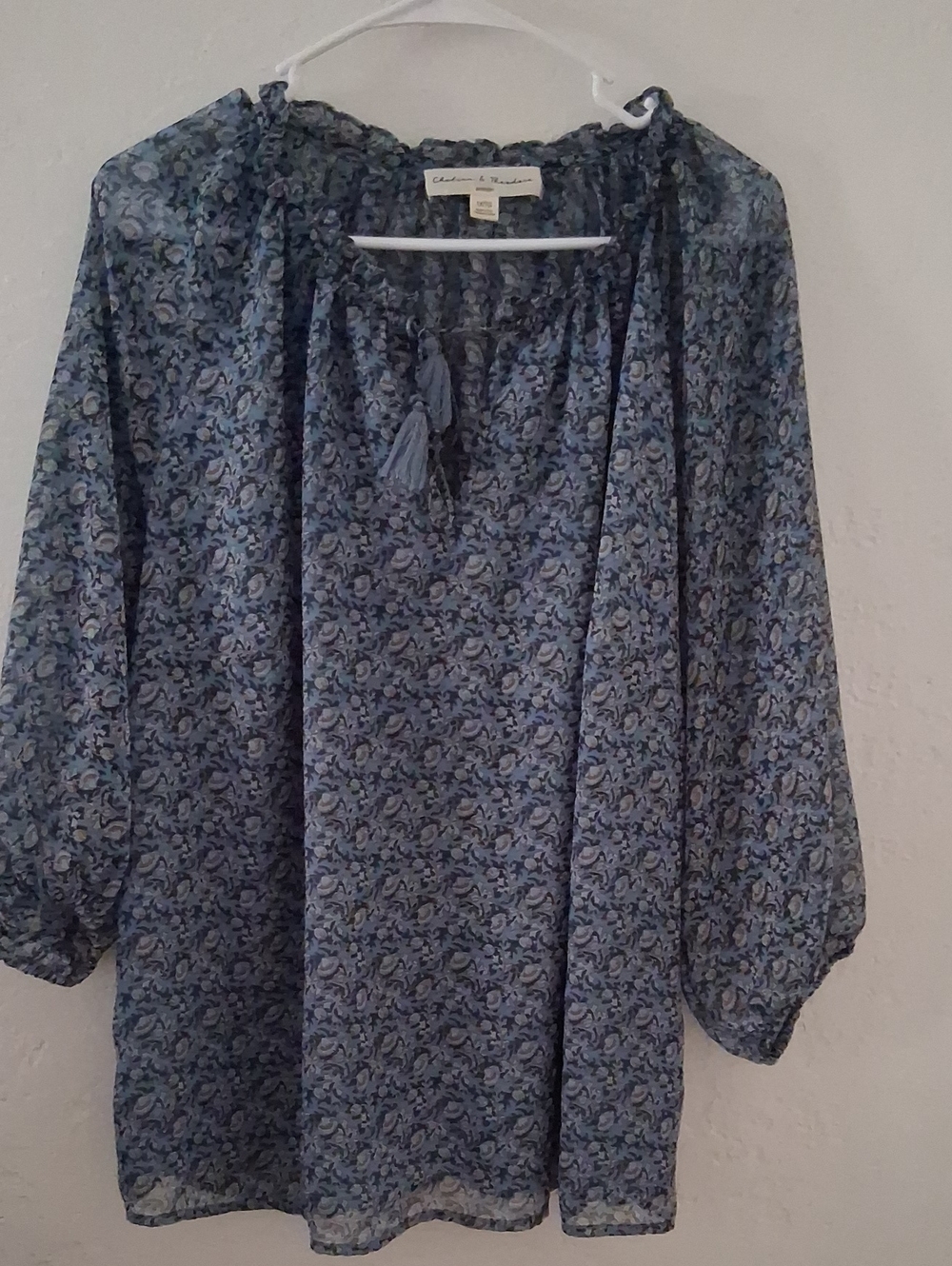 Chelsea & Violet Blue Paisley Peasant Top with Tassel Tie